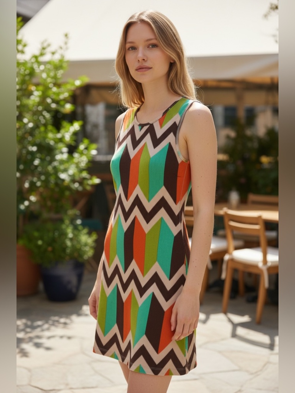 Reformation Green, Orange & Brown Chevron Knit Mini Dress